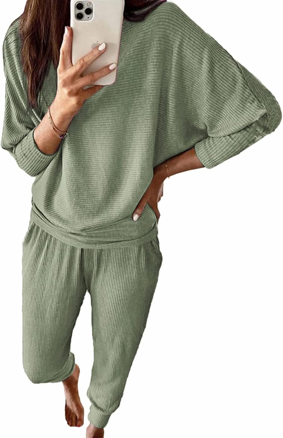 PRETTYGARDEN Women's Spring Fall Fashion Outfits 2 Piece Sweatsuit Long Sleeve Pullover Long Pants Ribbed Matching Lounge Set