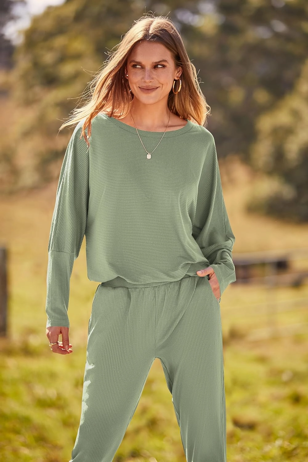 PRETTYGARDEN Women's Spring Fall Fashion Outfits 2 Piece Sweatsuit Long Sleeve Pullover Long Pants Ribbed Matching Lounge Set