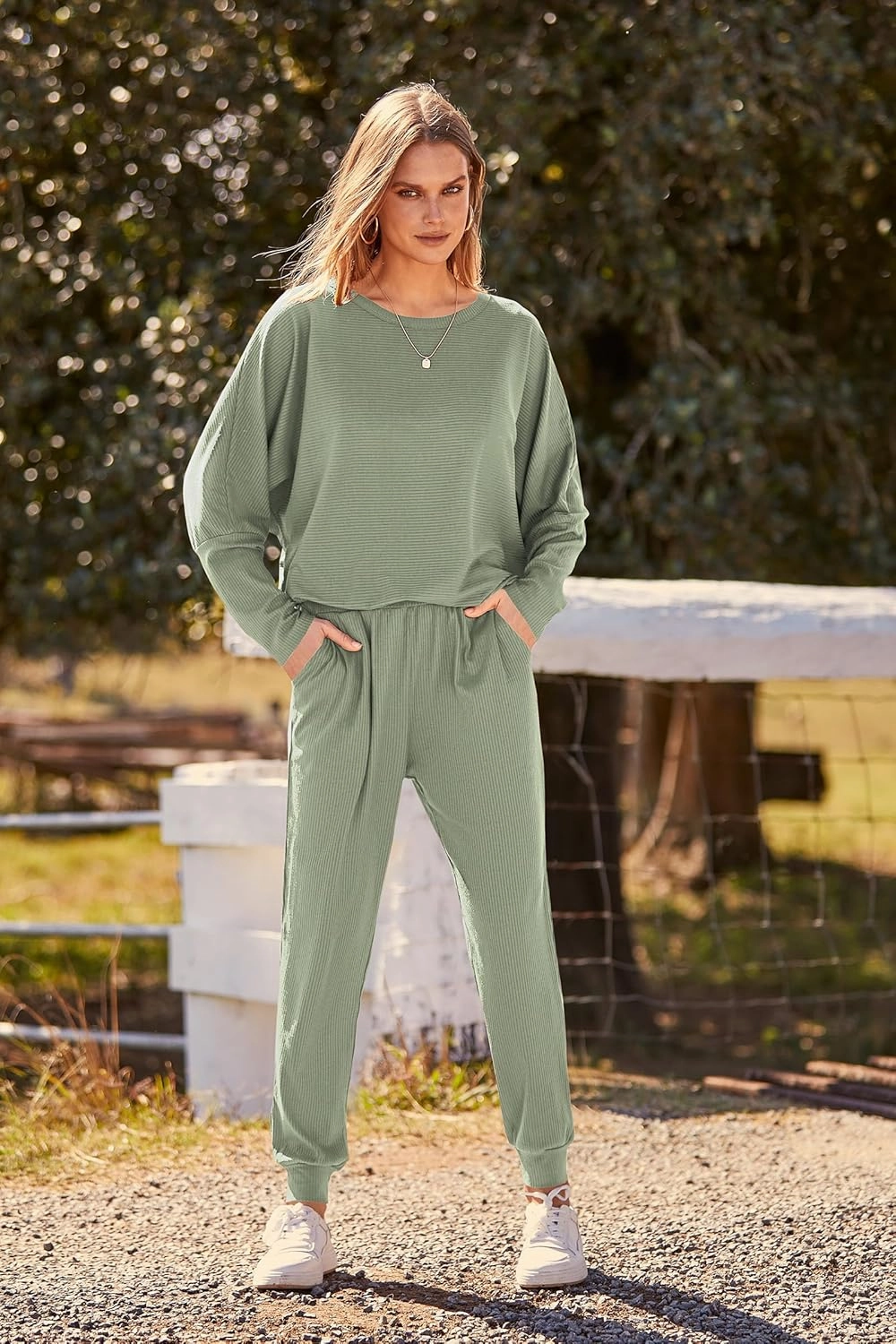 PRETTYGARDEN Women's Spring Fall Fashion Outfits 2 Piece Sweatsuit Long Sleeve Pullover Long Pants Ribbed Matching Lounge Set