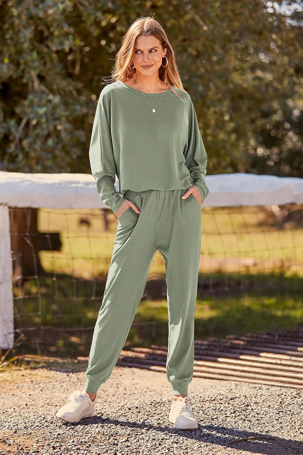 PRETTYGARDEN Women's Spring Fall Fashion Outfits 2 Piece Sweatsuit Long Sleeve Pullover Long Pants Ribbed Matching Lounge Set