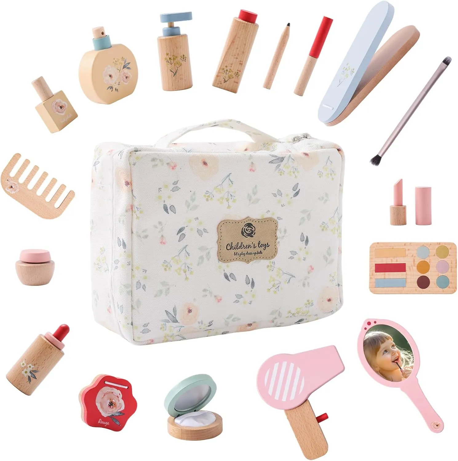 Promise Babe Wooden Makeup Toys Set, Dress-Up Toddler Makeup Kit Pretend for Kids, 2 in 1 Fake Makeup for 3 Years  