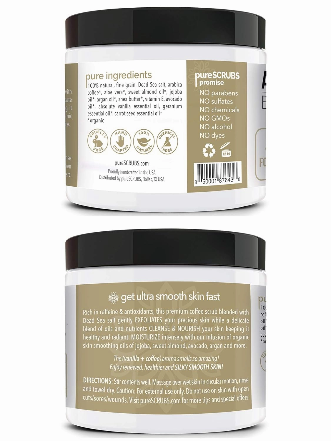 pureSCRUBS Premium Organic Arabica Coffee Body Scrub Set - VANILLA BLEND Large 16oz Anti Cellulite Scrub With Essential Oils & Nutrients   FREE Wooden Spoon, Loofah & Mini Organic Exfoliating Bar Soap