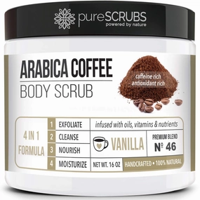 pureSCRUBS Premium Organic Arabica Coffee Body Scrub Set - VANILLA BLEND Large 16oz Anti Cellulite Scrub With Essential Oils & Nutrients   FREE Wooden Spoon, Loofah & Mini Organic Exfoliating Bar Soap