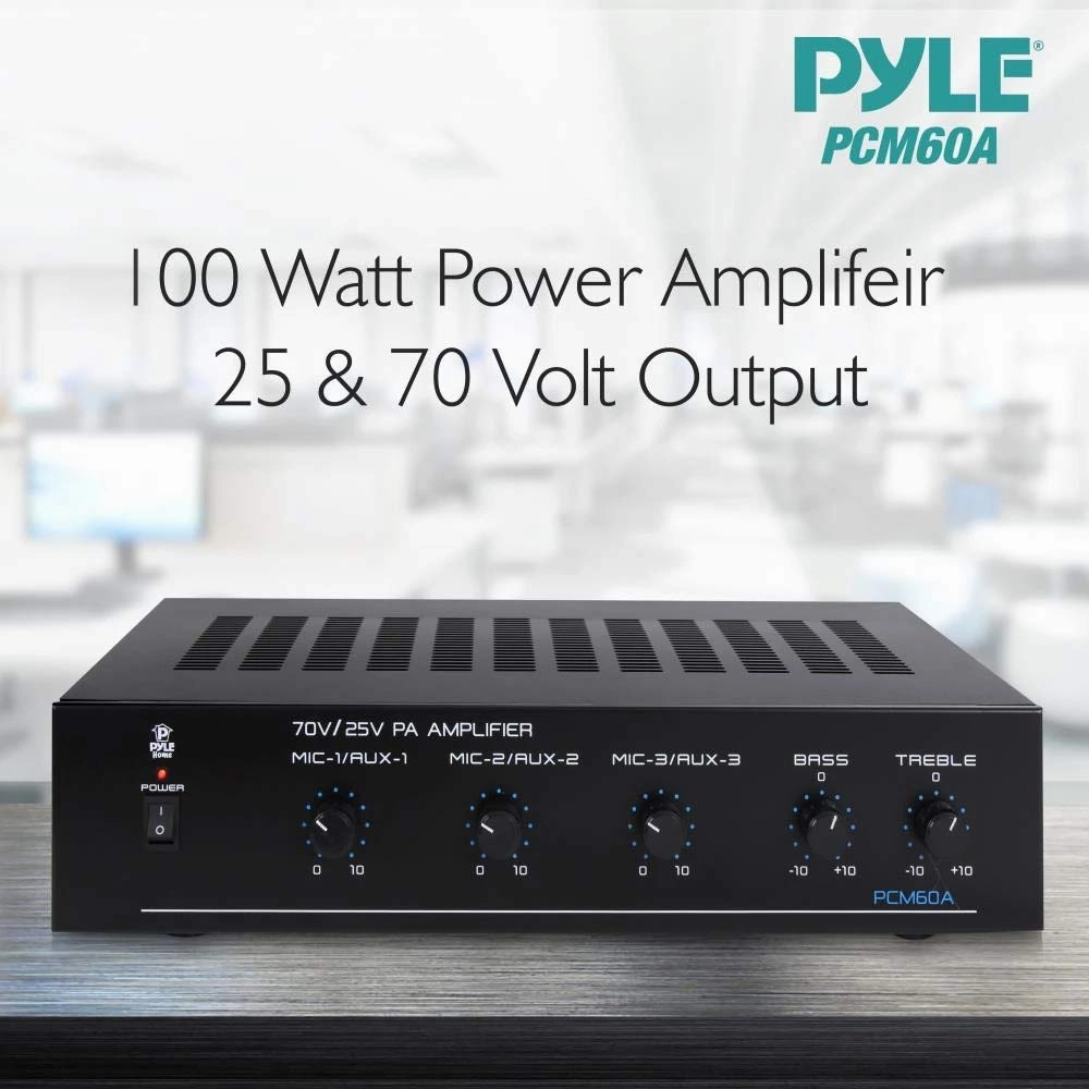 Pyle Compact Mini Home Power Amplifier - 100W Smart Indoor Audio Stereo Receiver w/ RCA, 3 Microphone IN, AUX, 25/70V Outputs, LED, Input Selector, For PA, Amplified Speaker Sound System PCM60A Black