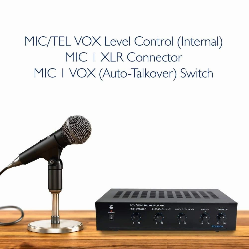 Pyle Compact Mini Home Power Amplifier - 100W Smart Indoor Audio Stereo Receiver w/ RCA, 3 Microphone IN, AUX, 25/70V Outputs, LED, Input Selector, For PA, Amplified Speaker Sound System PCM60A Black