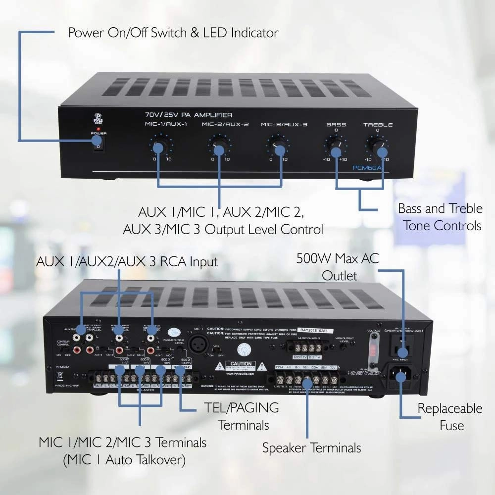 Pyle Compact Mini Home Power Amplifier - 100W Smart Indoor Audio Stereo Receiver w/ RCA, 3 Microphone IN, AUX, 25/70V Outputs, LED, Input Selector, For PA, Amplified Speaker Sound System PCM60A Black
