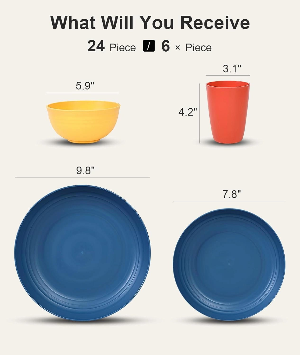 Quatish 24 Piece Plates and Bowls Sets of 6, Unbreakable Wheat Straw Dinnerware Sets, Plastic Dish Set for Camping, Dishwasher Microwave Safe, Outdoor Kitchen and Apartment Dinning Essentials, Multi