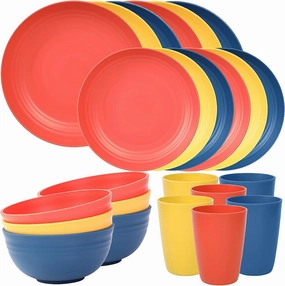 Quatish 24 Piece Plates and Bowls Sets of 6, Unbreakable Wheat Straw Dinnerware Sets, Plastic Dish Set for Camping, Dishwasher Microwave Safe, Outdoor Kitchen and Apartment Dinning Essentials, Multi