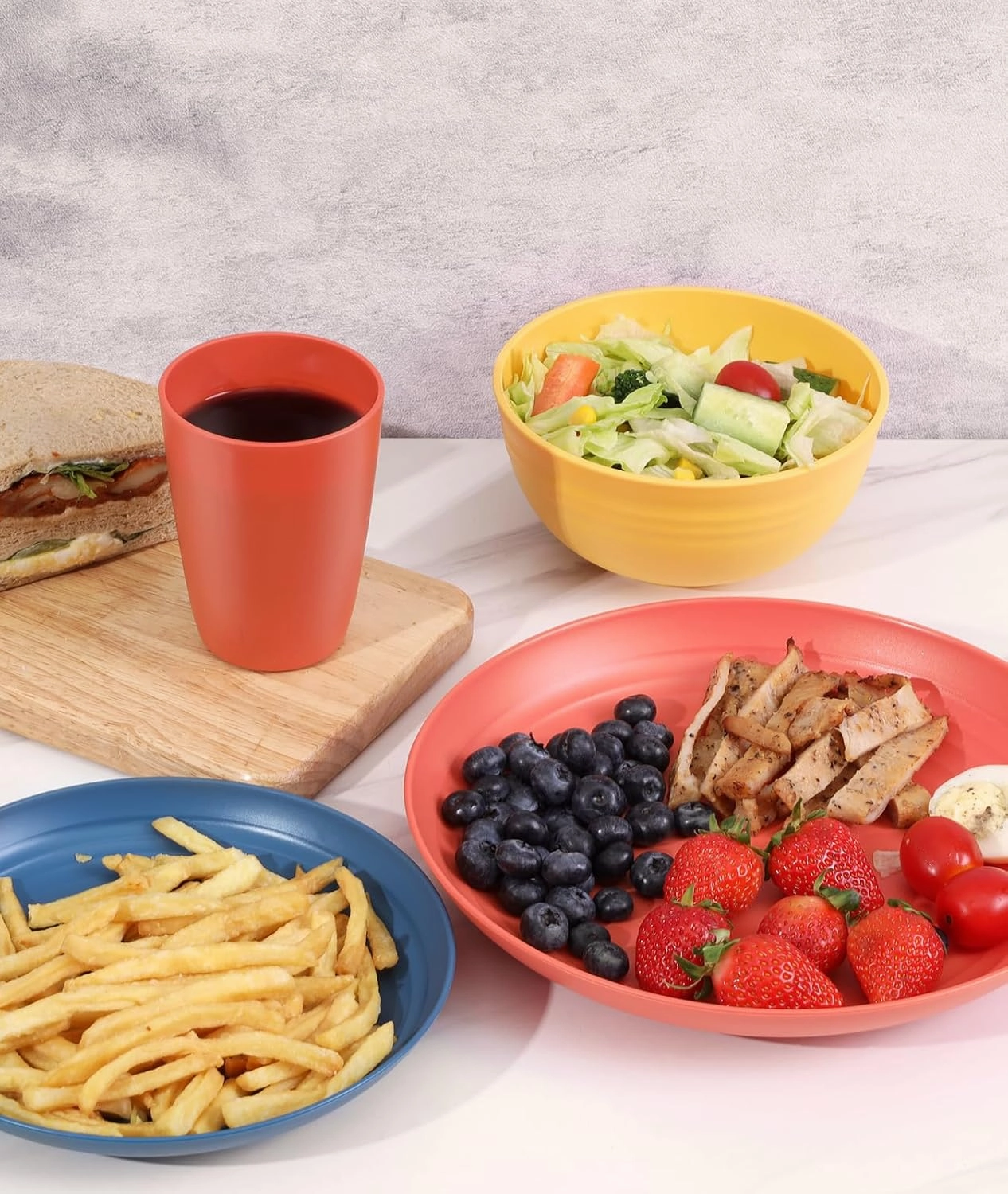 Quatish 24 Piece Plates and Bowls Sets of 6, Unbreakable Wheat Straw Dinnerware Sets, Plastic Dish Set for Camping, Dishwasher Microwave Safe, Outdoor Kitchen and Apartment Dinning Essentials, Multi
