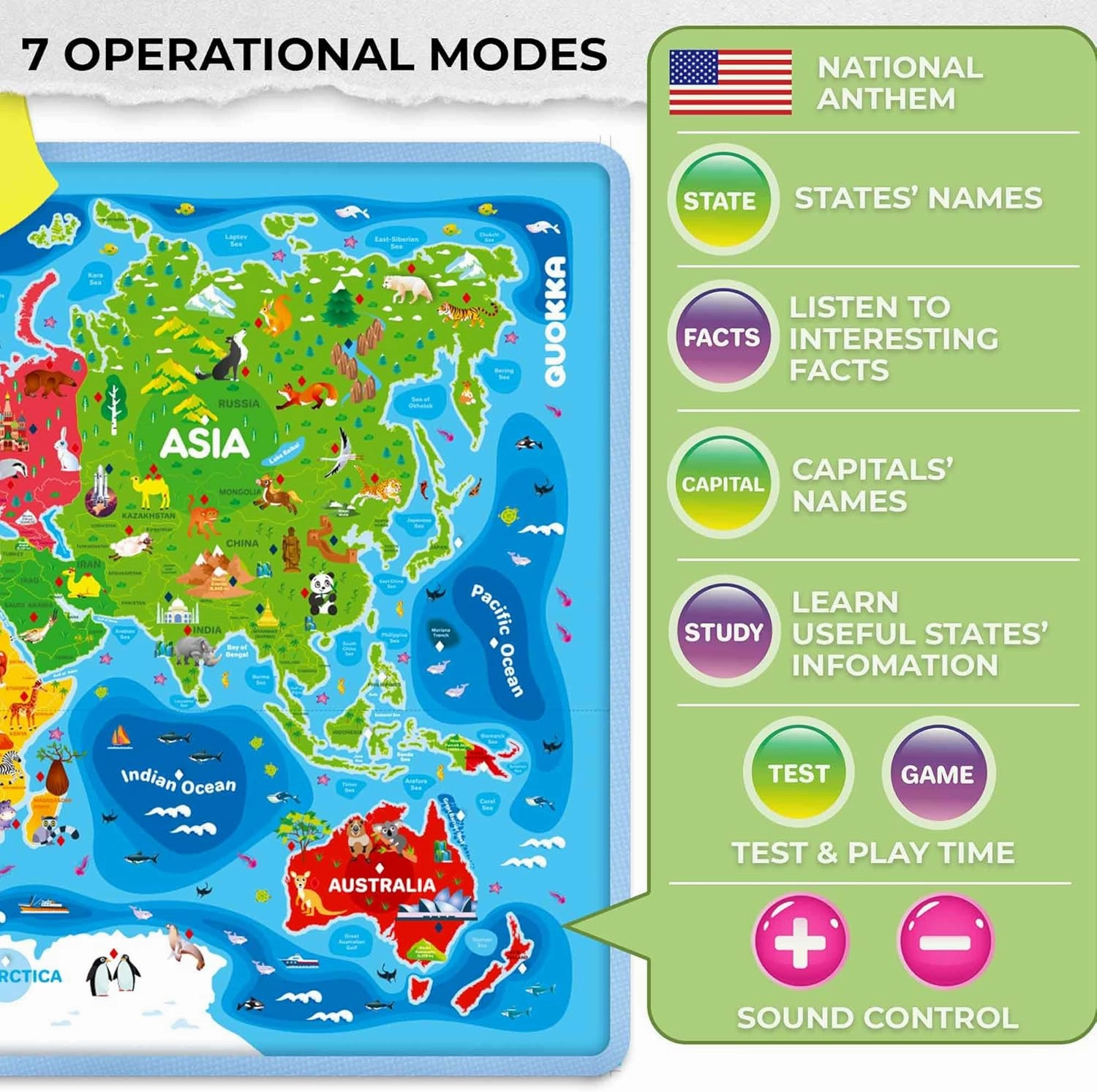 QUOKKA Educational Toys for Kids 5-7 Year Old - World Map Learning Wall Chart for Toddlers Age 3 4 6  - Interactive Speech Therapy Poster Boy Girl - Autism Puzzle Game 8-10-12