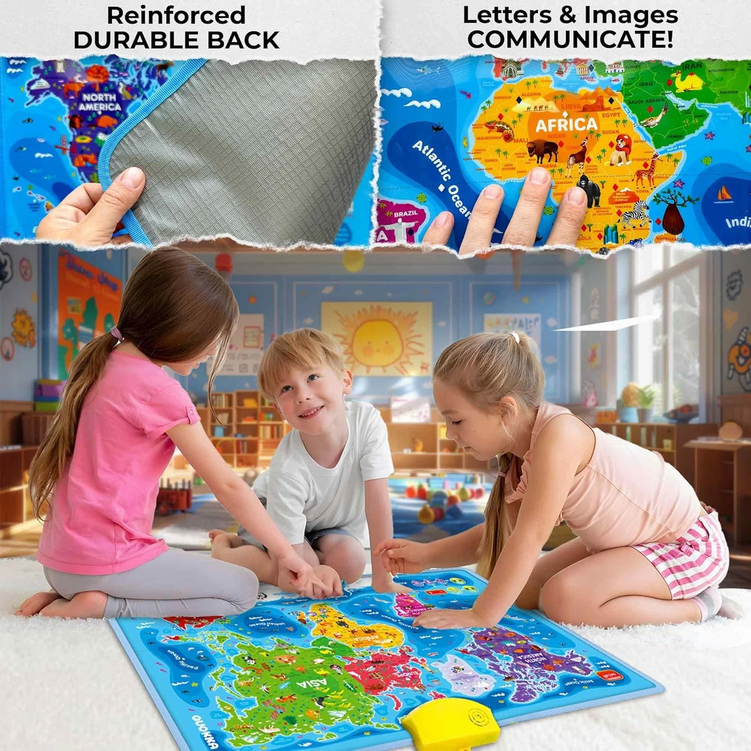 QUOKKA Educational Toys for Kids 5-7 Year Old - World Map Learning Wall Chart for Toddlers Age 3 4 6  - Interactive Speech Therapy Poster Boy Girl - Autism Puzzle Game 8-10-12