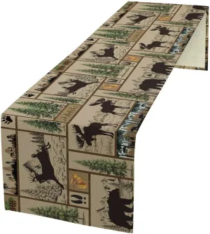 QYUNZS Rustic Cabin Table Runner Forest Bear Deer Wildlife Country Hunting Camping Art Printed Dinner Runner for Home Kitchen Dining Table Decor Fabric 1 Panel W13xL70in