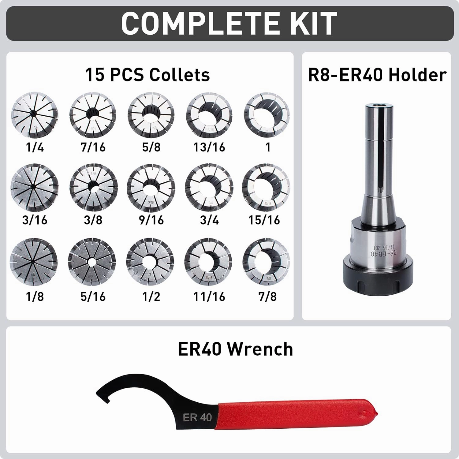 R8 Collet Set with 15 PCS ER40 Collets (0.0004'' Accuracy), R8 ER40 Collet Chuck Set