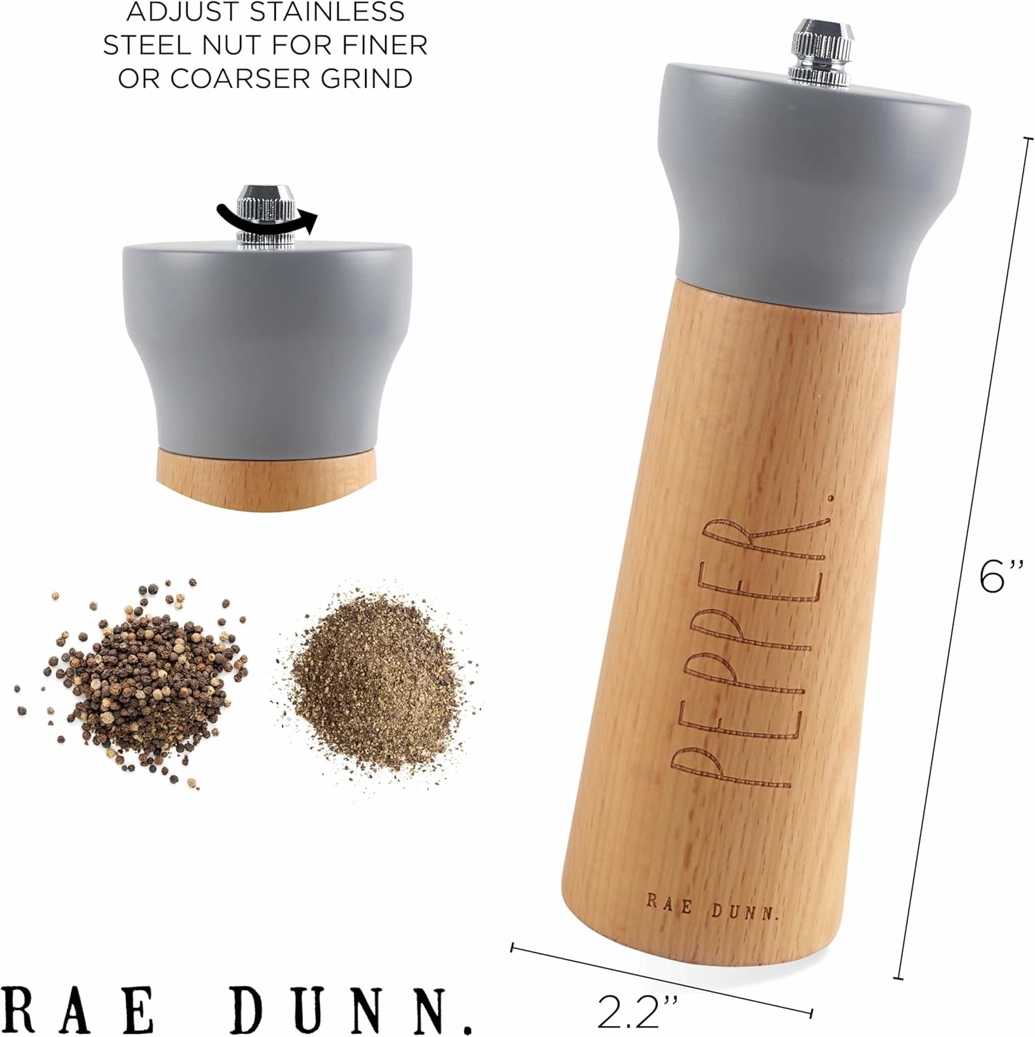 Rae Dunn Salt and Pepper Grinder Set of 2 - Bamboo Sea Salt Pepper Grinder - Classy Salt and Pepper Shakers - Pepper Mill & Salt Mill, Gray