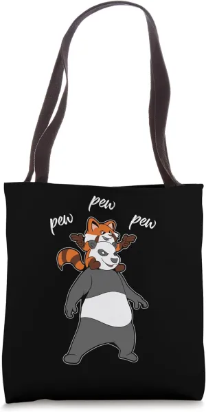Red Panda on Shoulders - Pew Pew Panda Tote Bag