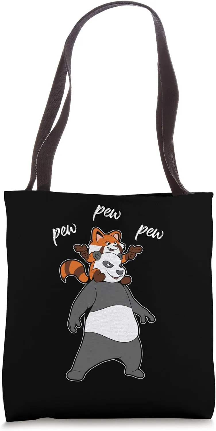 Red Panda on Shoulders - Pew Pew Panda Tote Bag