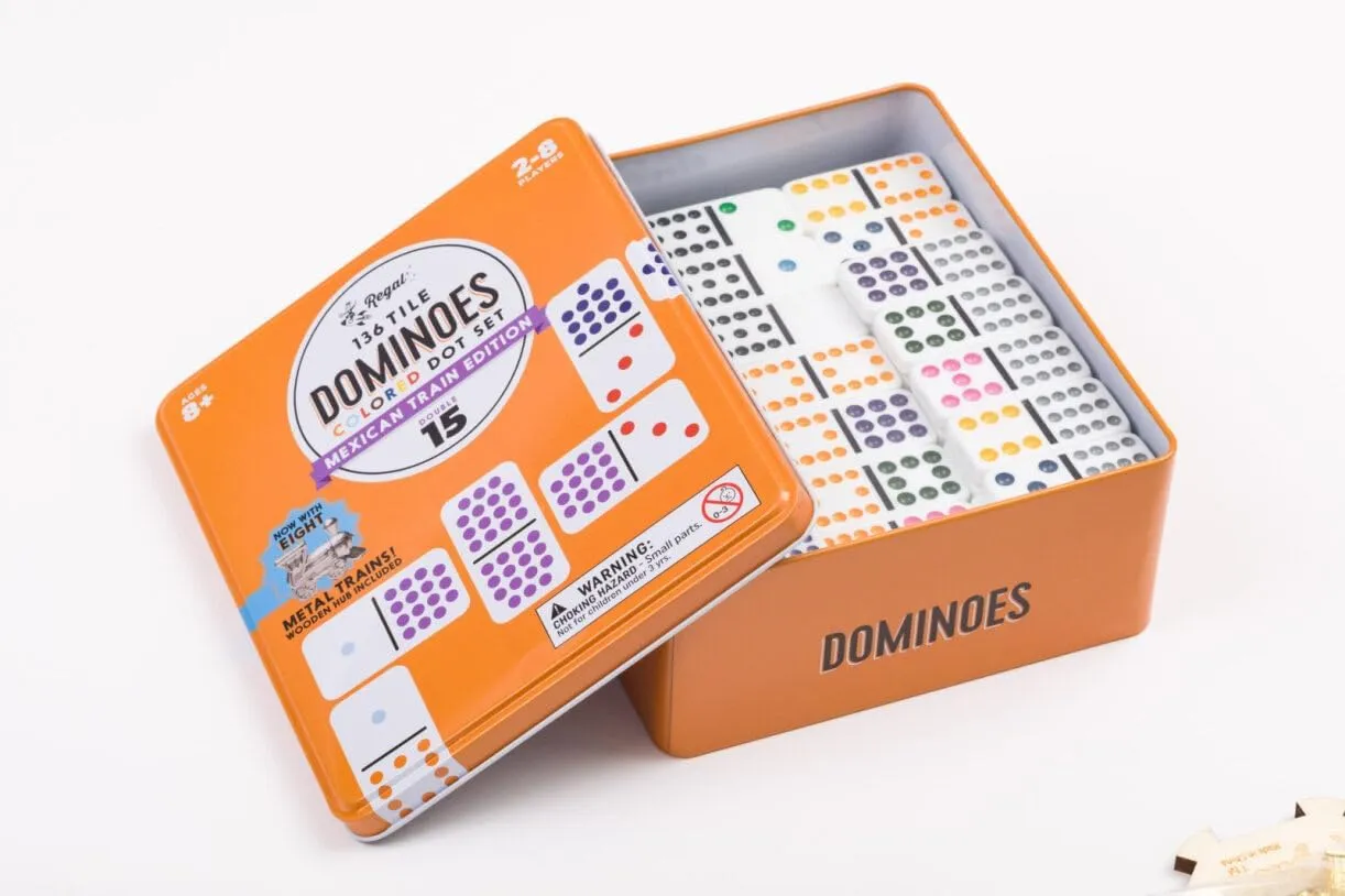 Regal Games Mexican Train Double 15 Dominoes Set for Adults & Kids - Domino Game with 136 Tiles Colored Dots & 8 Metal Trains - 2-8 Player Games & Ideal for Family Fun Game Night and Travel (Ages 8 )
