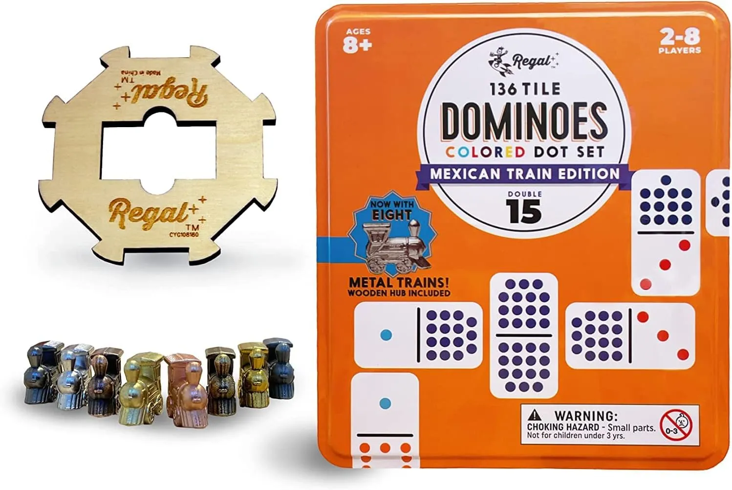 Regal Games Mexican Train Double 15 Dominoes Set for Adults & Kids - Domino Game with 136 Tiles Colored Dots & 8 Metal Trains - 2-8 Player Games & Ideal for Family Fun Game Night and Travel (Ages 8 )