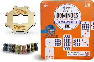Regal Games Mexican Train Double 15 Dominoes Set for Adults & Kids - Domino Game with 136 Tiles Colored Dots & 8 Metal Trains - 2-8 Player Games & Ideal for Family Fun Game Night and Travel (Ages 8 )