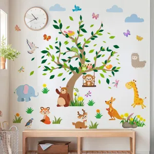 Removable Jungle Animal Green Tree Wall Decals DIY Bear Deer Monkey Fox Kangaroo Owl Sheep Wall Decals Vinyl Butterflies Birds Plants Art for Kids Bedroom Living Room Nursery Rooms Decor