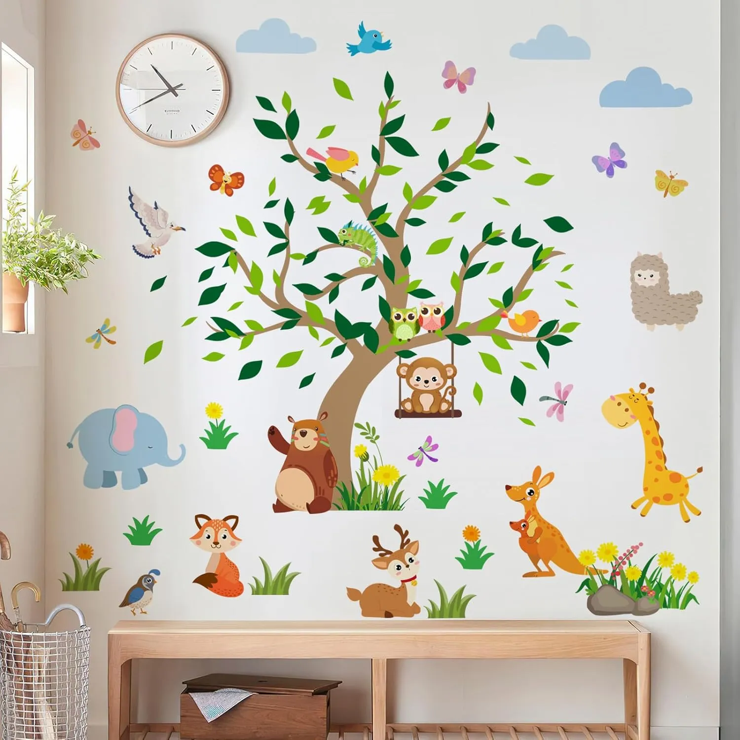 Removable Jungle Animal Green Tree Wall Decals DIY Bear Deer Monkey Fox Kangaroo Owl Sheep Wall Decals Vinyl Butterflies Birds Plants Art for Kids Bedroom Living Room Nursery Rooms Decor