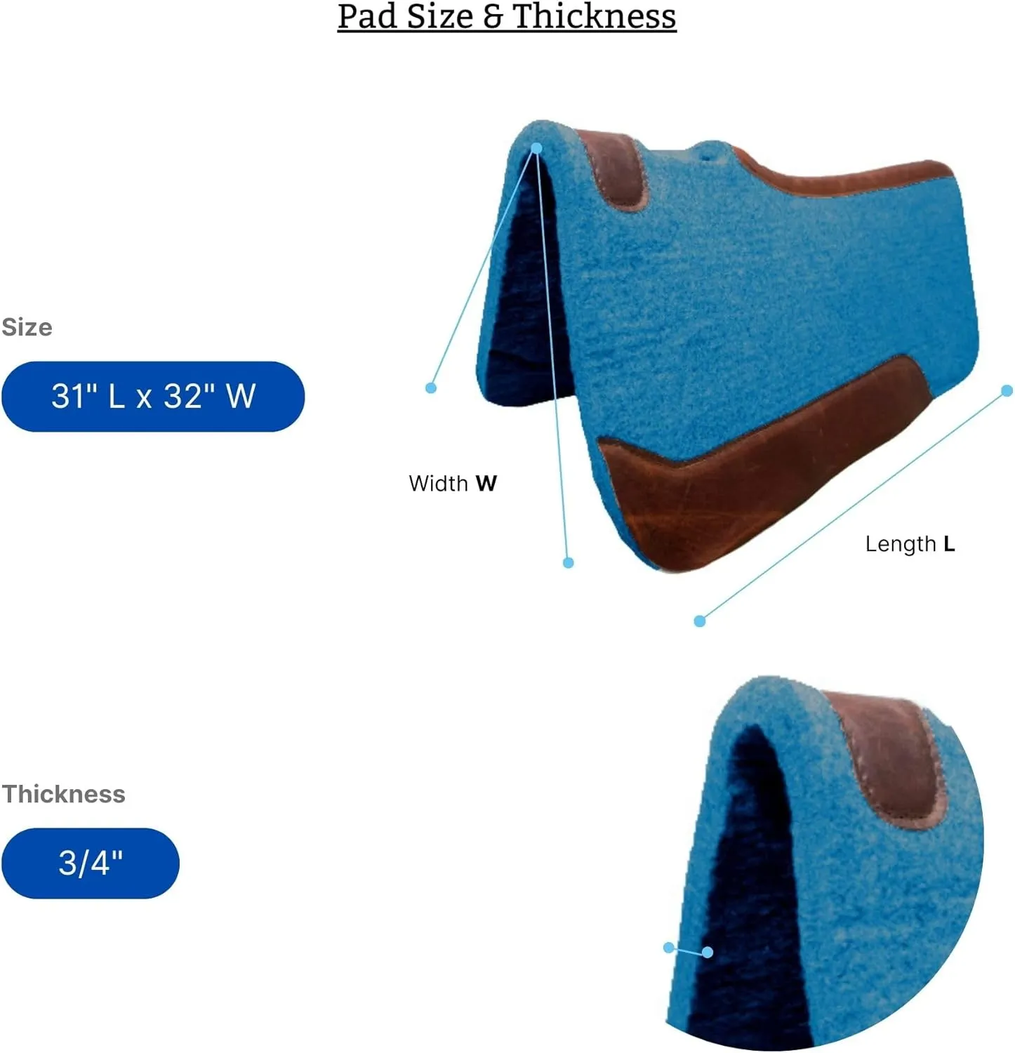 RESISTANCE Handcrafted 31” x 32” Synthetic Felt Performance Saddle Pad with Wear Leathers for Horse Saddle, Handmade Long Lasting Felt Saddle Pad for Horse Available in 3/4" Thickness