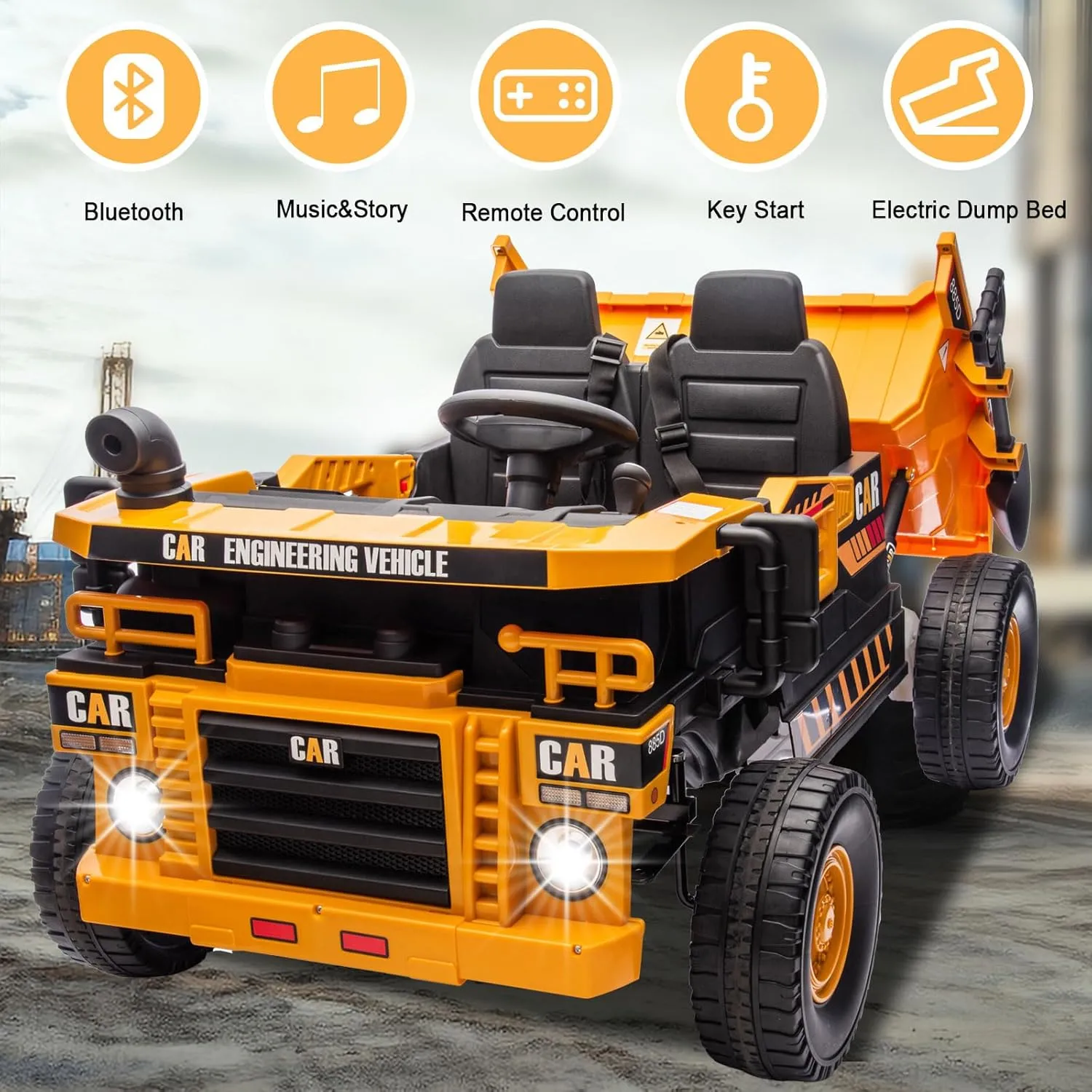Ride on Dump Truck 24V, 4X70W Ride on Construction Vehicles Powerful Motors Up to 5Mph, 4WD Kids Car with Remote Control, Electric Dump Bed and Shovel, 2 Seater Soft Start for Boys Girls