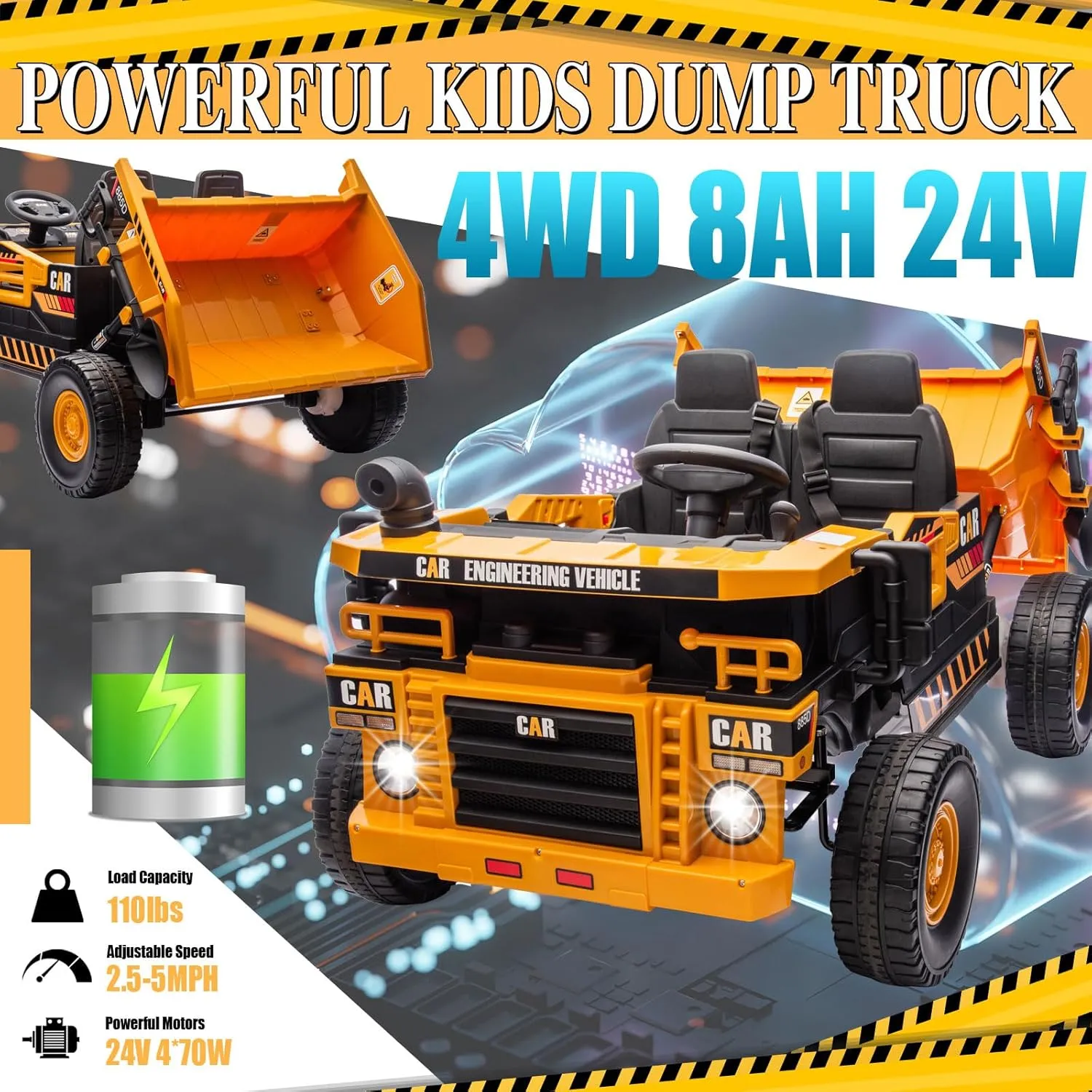Ride on Dump Truck 24V, 4X70W Ride on Construction Vehicles Powerful Motors Up to 5Mph, 4WD Kids Car with Remote Control, Electric Dump Bed and Shovel, 2 Seater Soft Start for Boys Girls