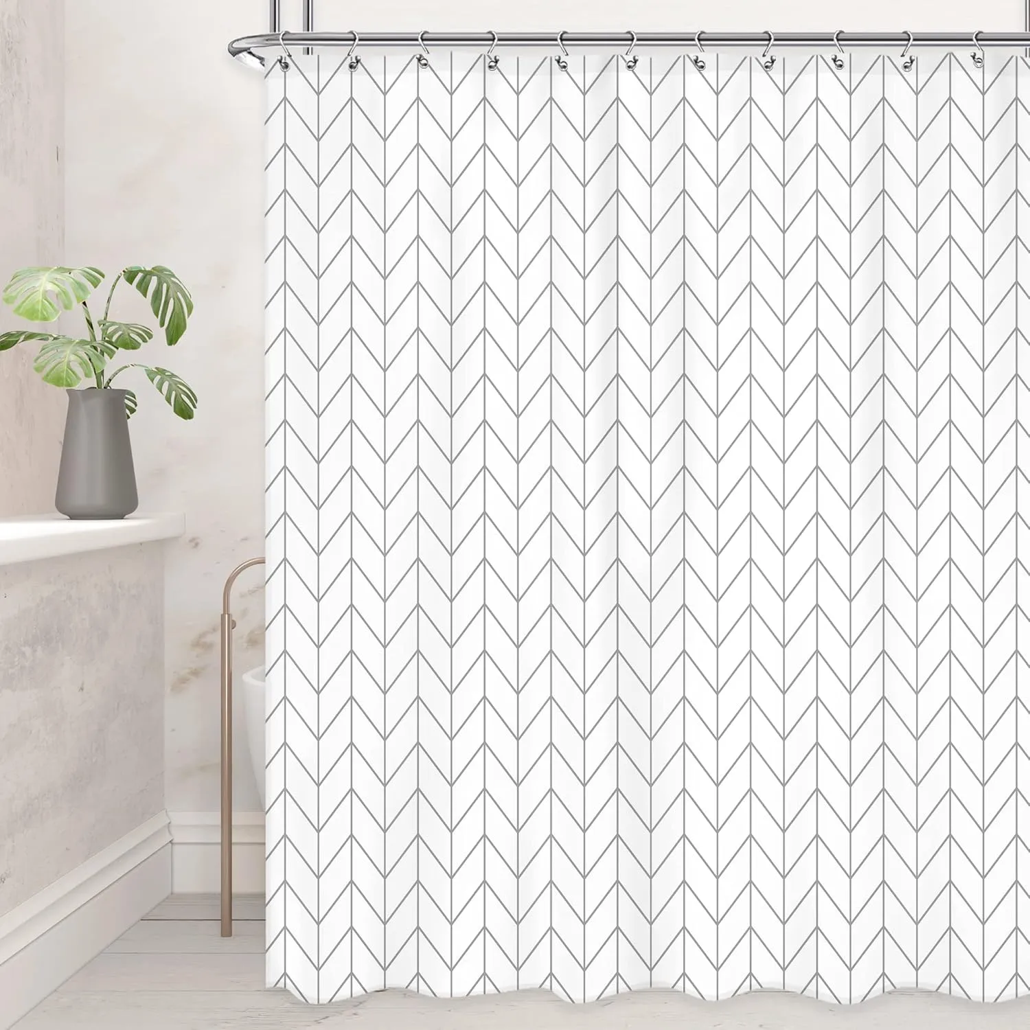 Riyidecor Herringbone Shower Curtain Extra Long Chevron 72Wx84H Inch White Grey Geometric Striped Dorm Simple Modern Classy Neutral Contemporary Decor Fabric Bathroom Set Polyester Waterproof