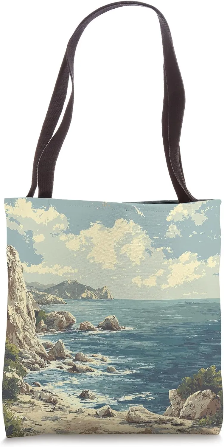 Rocky Shoreline Landscape Vintage Graphic Tote Bag