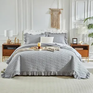 Ruffled Quilt Set Queen Size 96 * 96in - 3 Pieces Solid Shabby Chic Farmhouse Ruffle Bedding Rustic Coverlet & Sets Lightweight Fluffy Summer Oversized Bedspread with Shams for Women Men - Gray