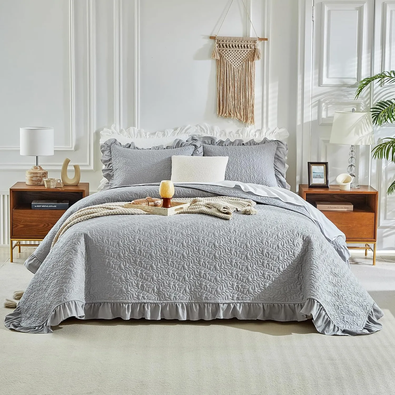 Ruffled Quilt Set Queen Size 96 * 96in - 3 Pieces Solid Shabby Chic Farmhouse Ruffle Bedding Rustic Coverlet & Sets Lightweight Fluffy Summer Oversized Bedspread with Shams for Women Men - Gray