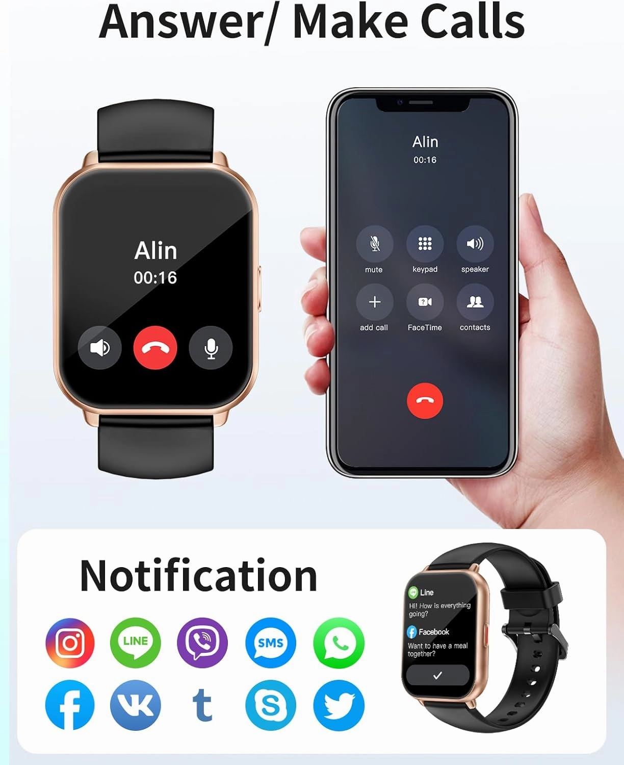 RUIMEN Smart Watches for Women Men (Answer/Make Calls), 1.8" Smartwatch for iOS/Android Phones, Fitness Tracker Heart Rate/Sleep Monitor Digital Watch Waterproof (2 Bands Included) (Black/Copper)
