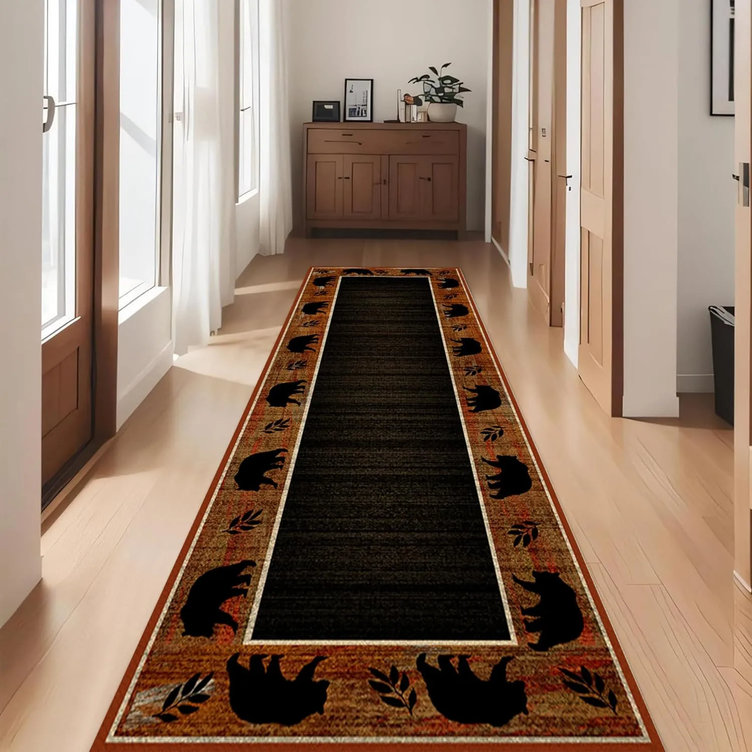 Rustic Cabin Runner Rug, 2x6ft, Wildlife Black Bear Leaf Border Accent Hallway Rugs, Retro Rust Red Carpet with Non-Slip Backing, Low-Pile Thin Runner Area Rug for Kitchen Bathroom Office