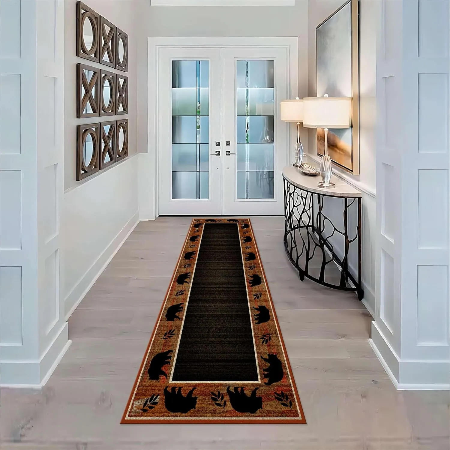 Rustic Cabin Runner Rug, 2x6ft, Wildlife Black Bear Leaf Border Accent Hallway Rugs, Retro Rust Red Carpet with Non-Slip Backing, Low-Pile Thin Runner Area Rug for Kitchen Bathroom Office