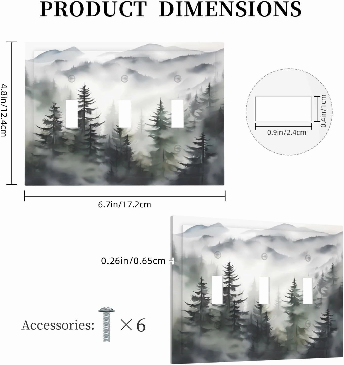 Rustic Misty Forest Tree 3 Gang Triple Toggle Decorative Light Switch Cover Mountain Landscape Electrical Wall Plates Receptacle Switchplate Faceplates for Bathroom Bedroom