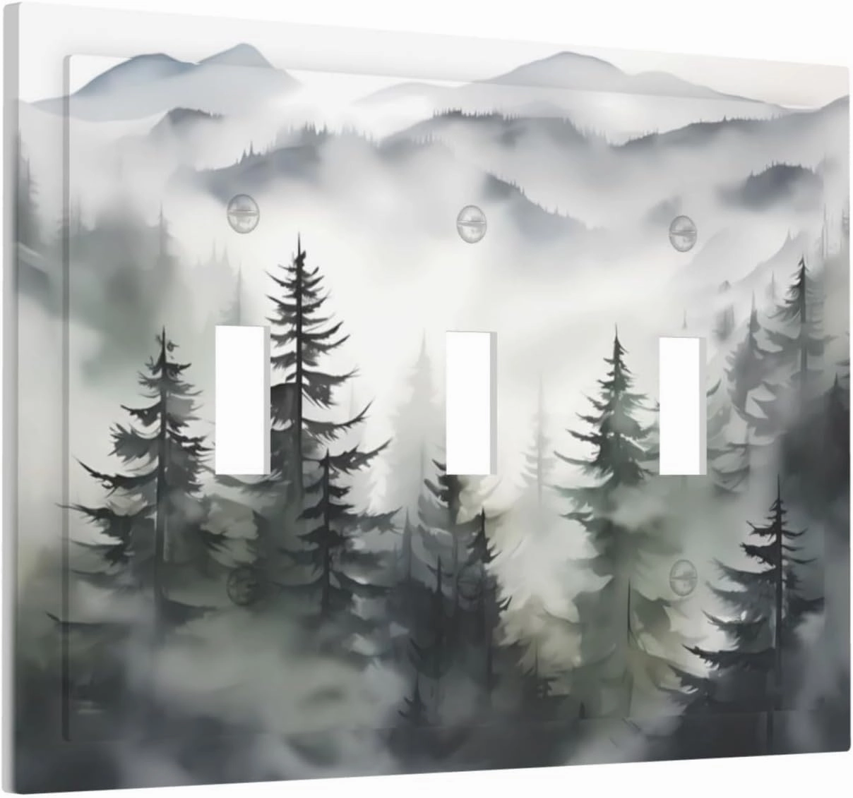Rustic Misty Forest Tree 3 Gang Triple Toggle Decorative Light Switch Cover Mountain Landscape Electrical Wall Plates Receptacle Switchplate Faceplates for Bathroom Bedroom