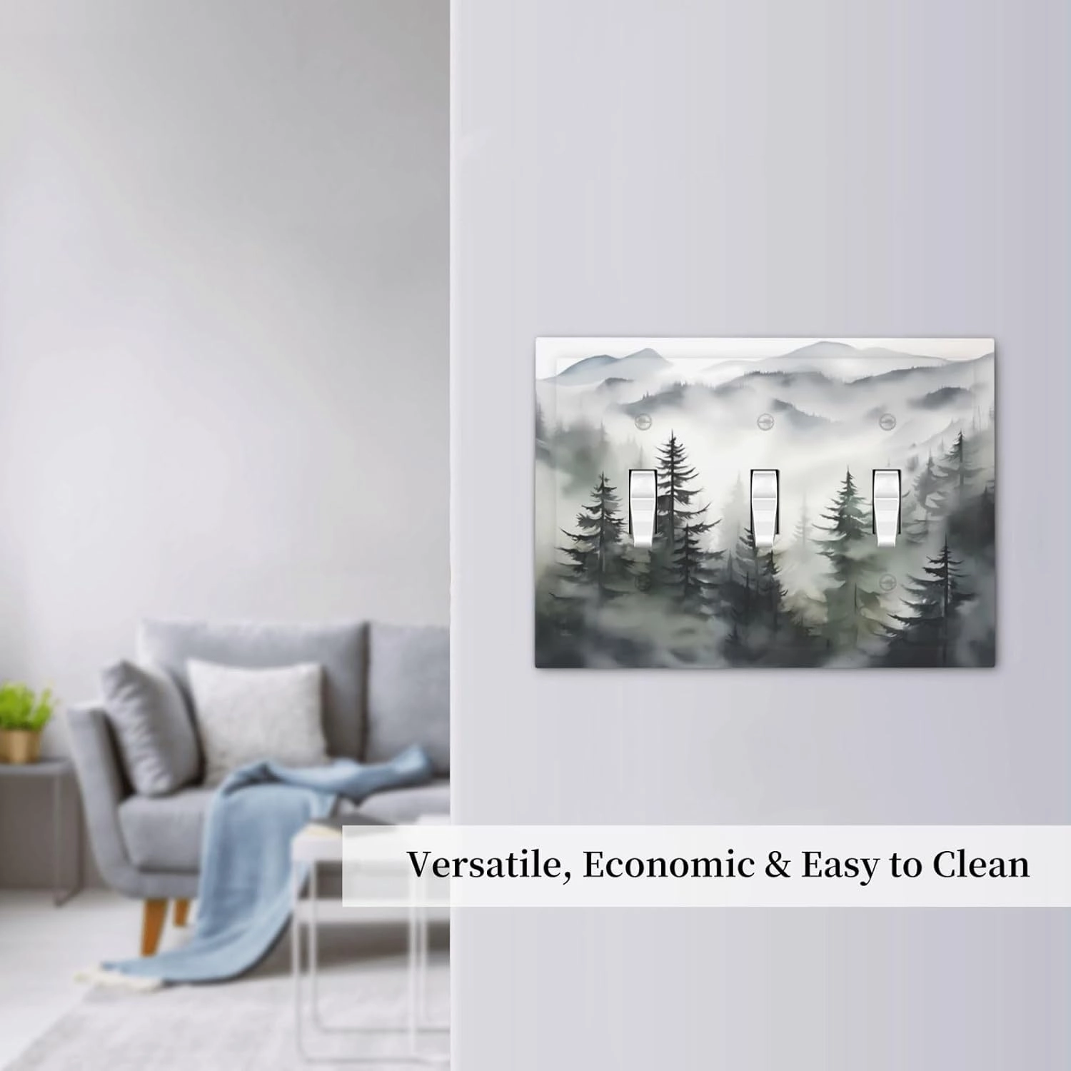 Rustic Misty Forest Tree 3 Gang Triple Toggle Decorative Light Switch Cover Mountain Landscape Electrical Wall Plates Receptacle Switchplate Faceplates for Bathroom Bedroom