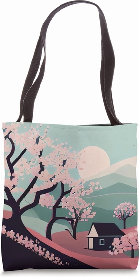 sakura cherry blossom hillside with countryside style house Tote Bag