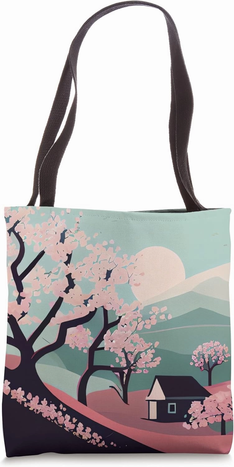 sakura cherry blossom hillside with countryside style house Tote Bag