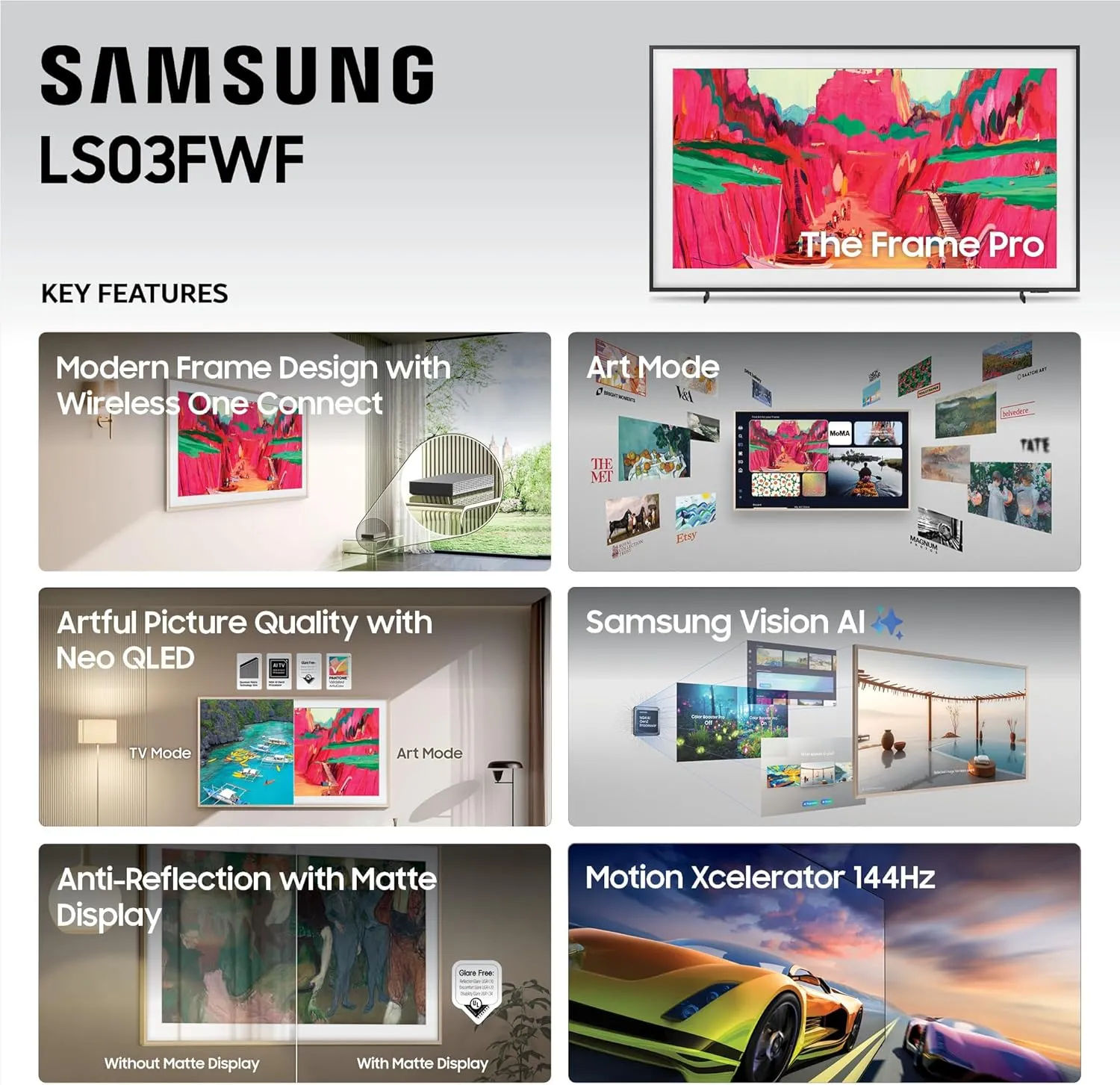 SAMSUNG 65-Inch Class The Frame Pro LS03FW 4K Neo QLED Mini LED Smart TV (2025 Model) Modern Frame Design with Wireless One Connect, NQ4 AI Gen3 Processor, Art Mode, Samsung Vision AI, Alexa Built-in