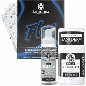 Saniderm Tattoo Recovery Flex Bundle (3 Items) – Flex Aftercare Bandage (3-Pack, 6 in x 8 in)   Foaming Soap (1.7oz)   Aftercare Balm Plus  (0.6 oz)