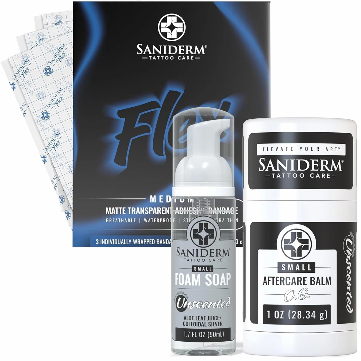 Saniderm Tattoo Recovery Flex Bundle (3 Items) – Flex Aftercare Bandage (3-Pack, 6 in x 8 in)   Foaming Soap (1.7oz)   Aftercare Balm Plus  (0.6 oz)
