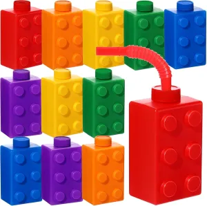 Sawysine 12 Set Building Blocks Cups 10 oz Blocks Reusable Party Favors Cup Plastic Colored Brick Drinking with Lids and Straws for Birthday Party Supplies Favors Decorations