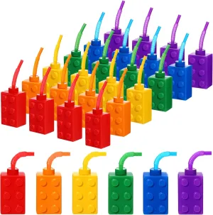 Sawysine 24 Set Building Blocks Cups 10 oz Blocks Reusable Party Favors Cup Plastic Colored Brick Drinking with Lids and Straws for Birthday Party Supplies Favors Decorations