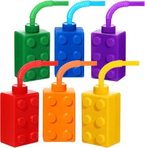 Sawysine 6 Set Building Blocks Cups 10 oz Blocks Reusable Party Favors Cup Plastic Colored Brick Drinking with Lids and Straws for Birthday Party Supplies Favors Decorations