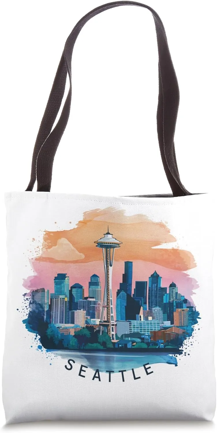 Seattle Washington Skyline Watercolor Souvenir Seattle Tote Bag