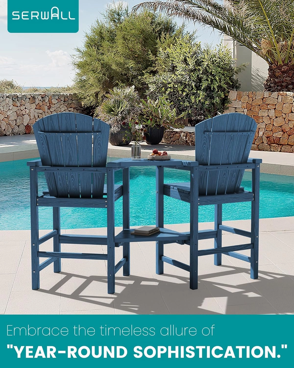 SERWALL Tall Adirondack Chairs Set of 2 with Double Layer Connecting Tray, HDPE Bar Height Outdoor Chairs, Wood-Like Adirondack Bar Stools for Patio, Balcony, Porch, Blue