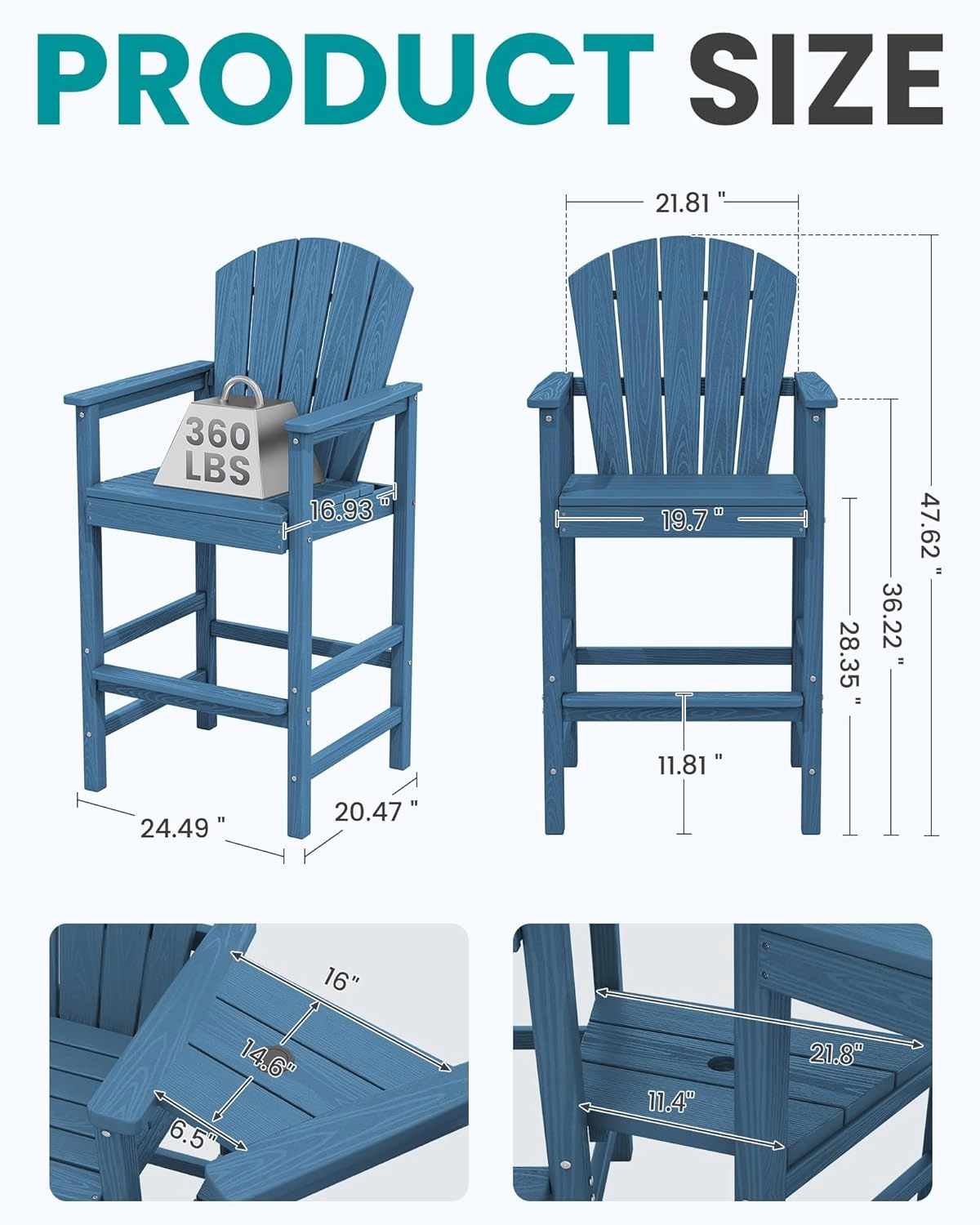 SERWALL Tall Adirondack Chairs Set of 2 with Double Layer Connecting Tray, HDPE Bar Height Outdoor Chairs, Wood-Like Adirondack Bar Stools for Patio, Balcony, Porch, Blue