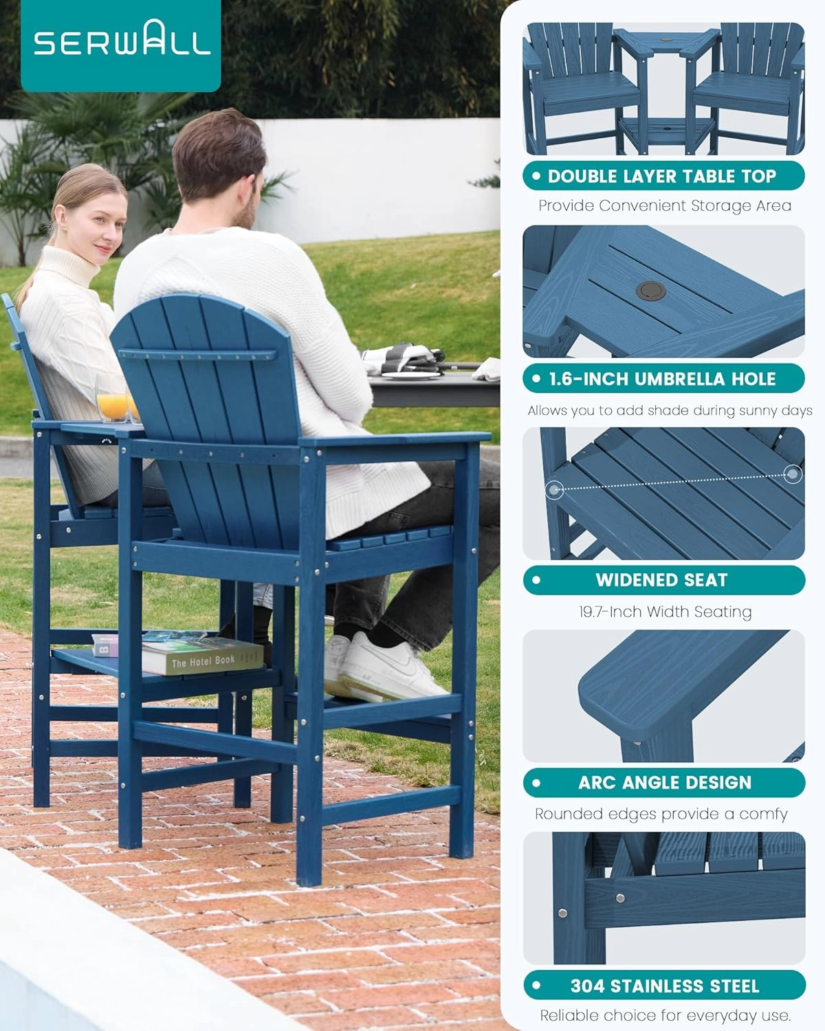 SERWALL Tall Adirondack Chairs Set of 2 with Double Layer Connecting Tray, HDPE Bar Height Outdoor Chairs, Wood-Like Adirondack Bar Stools for Patio, Balcony, Porch, Blue